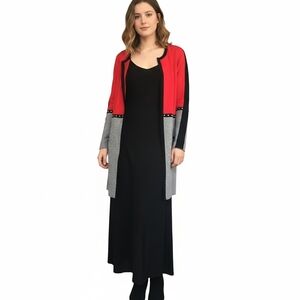 Elena Wang Women M/M Red Black Gray Colorblock Studded Open Front Cardigan‎